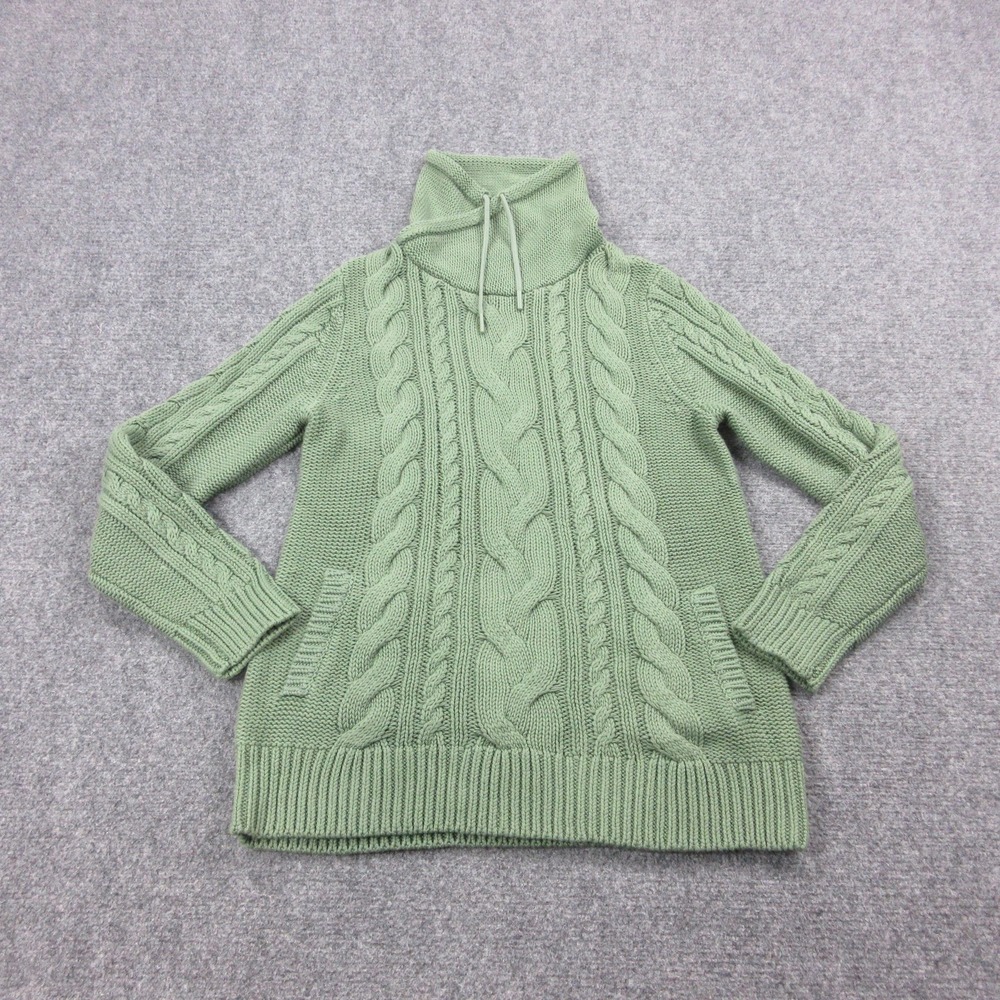 L.L. Bean Sweater Womens Medium Green Cable Knit Turtleneck Pullover Pockets